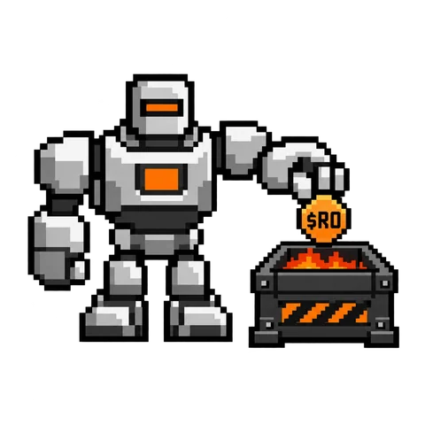 A robot feeding a $RO coin into a furnace